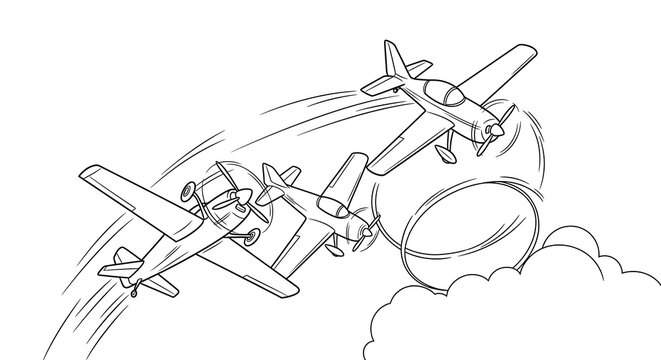 Airplane aerobatics drawing vector illustration of stunt flying in the sky with clouds on transparent background