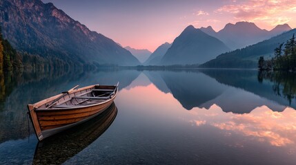 Fototapeta premium Serene Wooden Rowboat on Calm Lake at Sunrise Majestic Mountain Reflections Peaceful Nature Scenery Tranquil Landscape Still Water Breathtaking View Picturesque Alpine Lake sky 