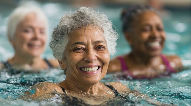 Happy Senior Women Enjoying Water Aerobics Active Retirement Healthy Lifestyle Swimming Pool Exercise Fitness Fun Active Aging Mature Adults Water Therapy aqua body mind soul sport