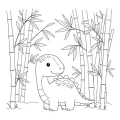 Dinosaur coloring page for kids cute brontosaurus in bamboo forest printable activity sheet on transparent background