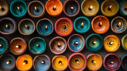 Fototapeta premium Colorful clay lamps with flickering flames.