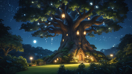 Generated digital illustration of a fantasy scene with village and large trees in a magical forest.