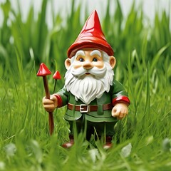 an AI Image Generator, Garden Gnome Statue in Tall Grass with Red Hat