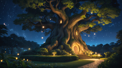 Generated digital illustration of a fantasy scene with village and large trees in a magical forest.