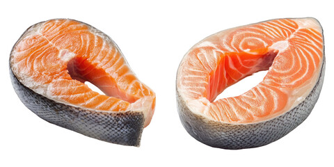 Two pieces of fresh salmon fillet showcasing vibrant orange flesh and skin, ideal for culinary presentations or seafood dishes.