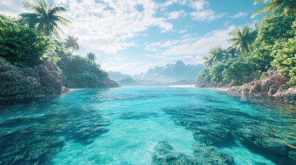 Fototapeta premium Idyllic tropical beach cove with crystal-clear turquoise water, lush vegetation, and rocky shores under a sunny sky.