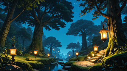 Generated digital illustration of a fantasy scene with village and large trees in a magical forest.