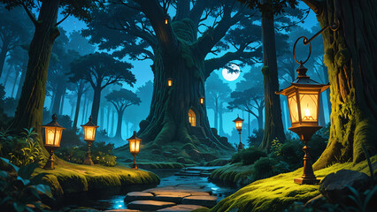 Generated digital illustration of a fantasy scene with village and large trees in a magical forest.