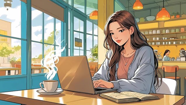A young woman studies on her laptop in the cafe with large windows, sipping coffee and taking notes, surrounded by a cozy and modern atmosphere