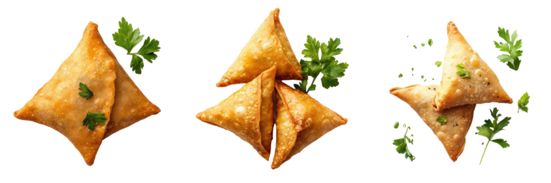 A trio of golden-brown samosas garnished with fresh herbs, showcasing a popular snack or appetizer.
