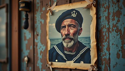 Portrait of a Vintage Sailor on Weathered Wood Wall with Ocean Backdrop