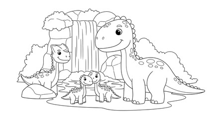 Dinosaur family coloring page for kids cute brontosaurus at waterfall outline illustration on transparent background