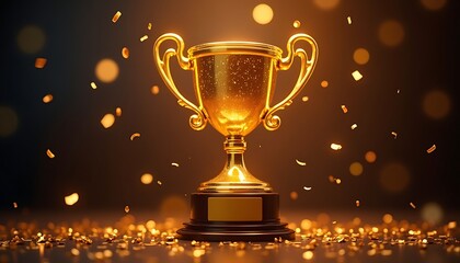 Golden Trophy Cup with Confetti Falling Celebrates Victory and Achievement