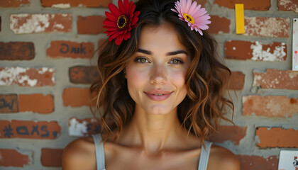 Smiling Woman with Flowers in Her Hair Against a Brick Wall