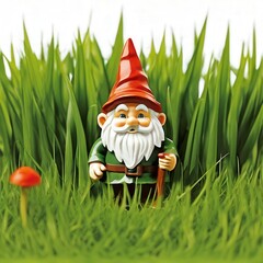 an AI Image Generator, Garden Gnome Statue in Tall Grass with Red Hat