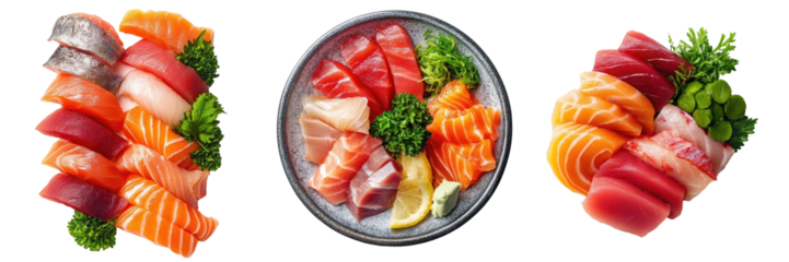 A vibrant assortment of sushi and sashimi presented artistically, showcasing various types of fresh fish and garnishes.