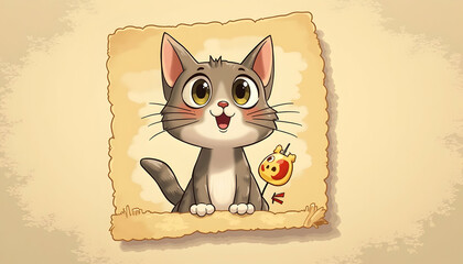 Cute Cartoon Cat Smiling with a Small Toy Illustration