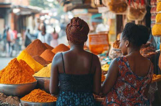 Back view of a 50-year-old Black female vendor in Douala, Cameroon,