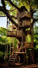 an AI Image Generator, a Lush Green Forest with Wooden Stairs