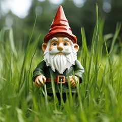 an AI Image Generator, Garden Gnome Statue in Tall Grass with Red Hat