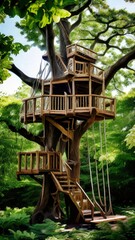 an AI Image Generator, a Lush Green Forest with Wooden Stairs