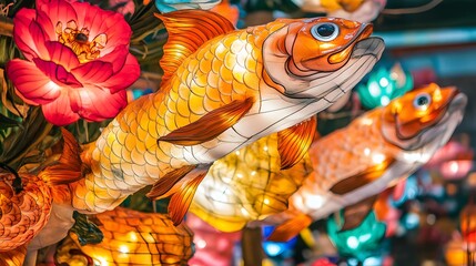 Fototapeta premium Illuminated fish lanterns in vibrant colors.