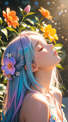 Generated digital illustration of a portrait of a beautiful girl in bright rim lighting setting.