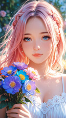 Generated digital illustration of a portrait of a beautiful girl in bright rim lighting setting.