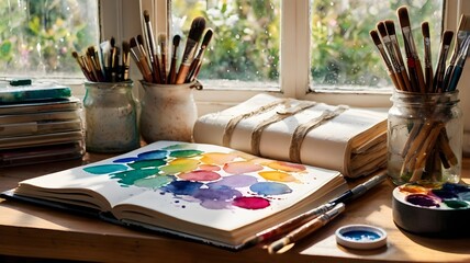 Open Sketchbook with Vibrant Watercolor Art on Sunlit Desk for World Watercolor Month