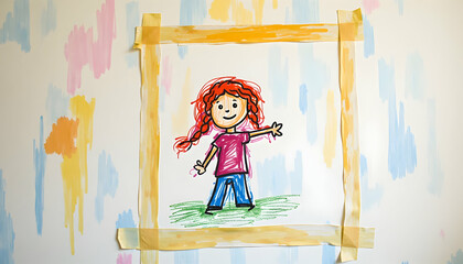Child's Drawing of Person Taped on Colorful Wall
