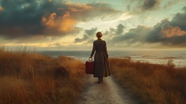 A girl walked confidently along a cobblestone path, pulling a colorful suitcase behind her as she set out to explore new adventures.