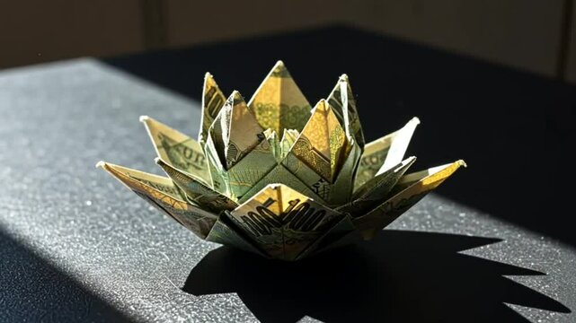 A detailed origami lotus flower crafted from a dollar bill, showcasing intricate folds and patterns, stands elegantly on a dark textured surface
