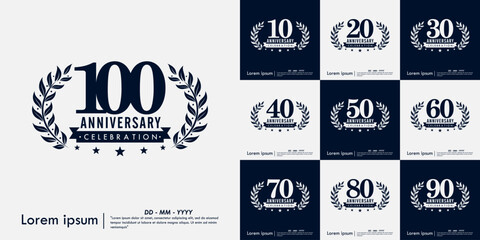 Set of 10-100th years anniversary celebration emblem. congratulations anniversary logo isolated with ribbon and laurel wreath on white background. vector illustration template design for web