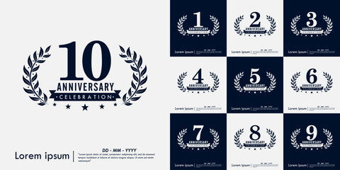 Set of 1st-10th years anniversary celebration emblem. congratulations anniversary logo isolated with ribbon and laurel wreath on white background. vector illustration template design for web
