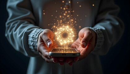 Holding Phone with Glowing Geometric Design Effect