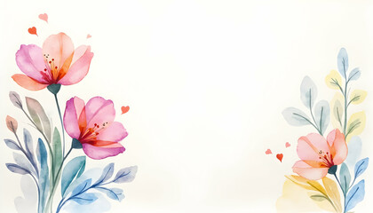 Floral Watercolor Painting with Flowers and Leaves Border