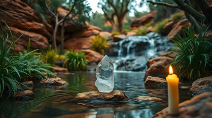 Fototapeta premium A serene scene features a small waterfall cascading into a tranquil pond surrounded by lush greenery and rocks. A glowing candle and a translucent crystal rest on the water's surface