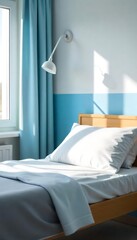 Generative AI: A serene bedroom scene filled with soft blue hues and gentle sunlight
