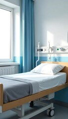 Generative AI image displaying a hospital bed in a bright room for a comfortable and safe patient