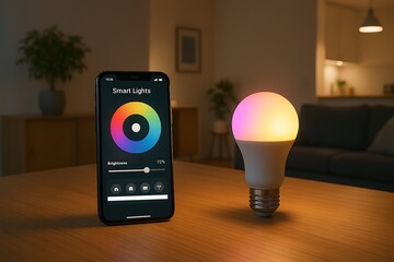 Smartphone controls a vibrant smart lightbulb sitting on a wooden table in a cozy living room.