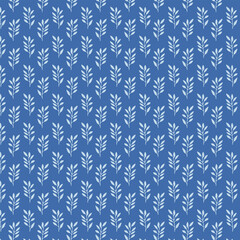 Seamless Hand-Drawn White Leaf Pattern on Blue Background. Botanical Textile Design