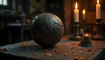 Atmospheric Still Life with Sphere and Candles on Wooden Table