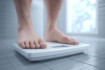 Man Standing on Bathroom Scale Weight Measurement Health Wellness Digital Scale Modern Bathroom Healthy Lifestyle Weight Loss Diet Control Body Mass Index Feet bmi legs slim thin  