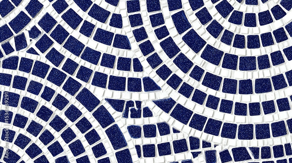 Poster abstract pattern of blue and white square tiles arranged in a circular design.