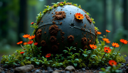 Sphere Covered in Earth and Flowers Resting in Forest