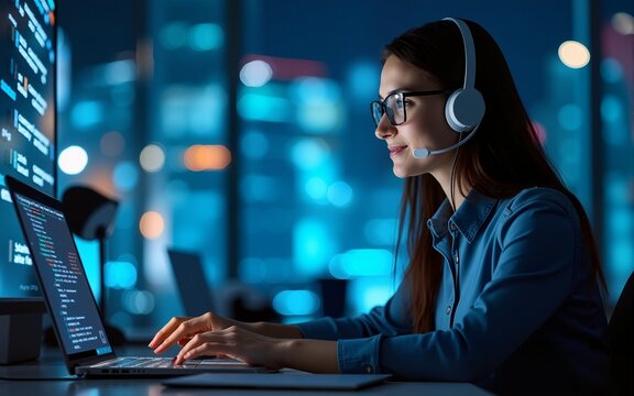 Technical support customer service concept software engineer using laptop computer with customer support and global network. High quality