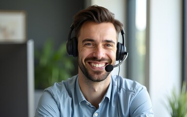 Man, headset and smile for remote work, virtual receptionist or assistant for help in home. Male person, call center and customer service hotline with agent, talk and conversation for support
