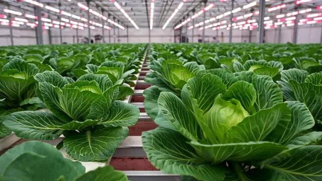 In a large, well-lit greenhouse, rows of healthy cabbage plants grow on shelves under bright, artificial lighting.