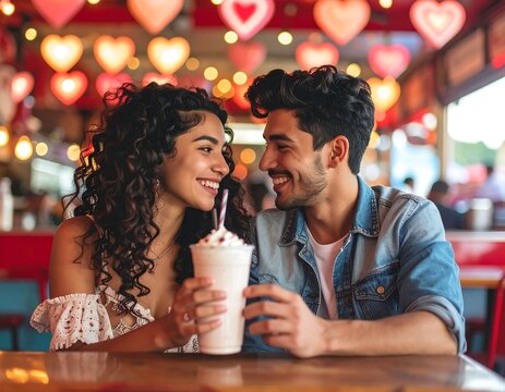 Happy couple sharing milkshake - Powered by Adobe