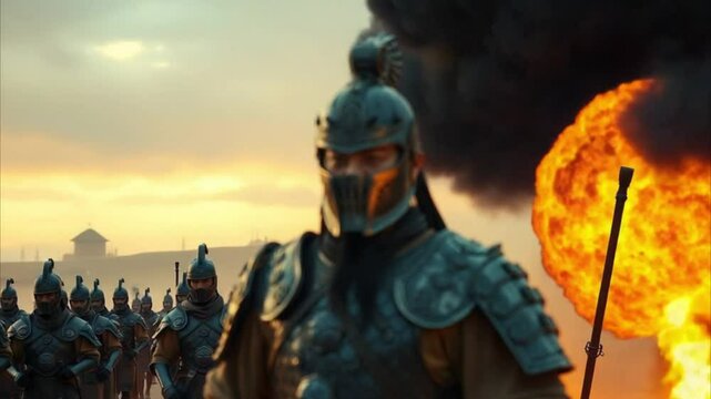 Warrior in detailed armor standing before battalion with battlefield smoke and fire at dusk

